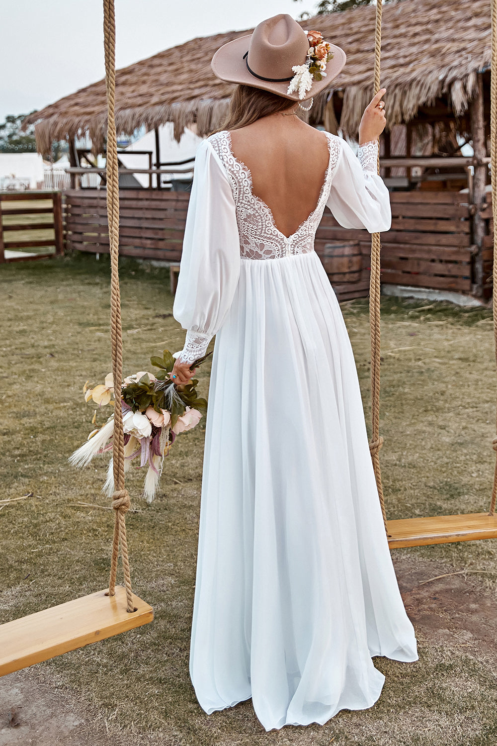 Zapaka Women Boho Wedding Dress Ivory Lace Chiffon V-Neck Long Sleeve Bridal  Dress – ZAPAKA