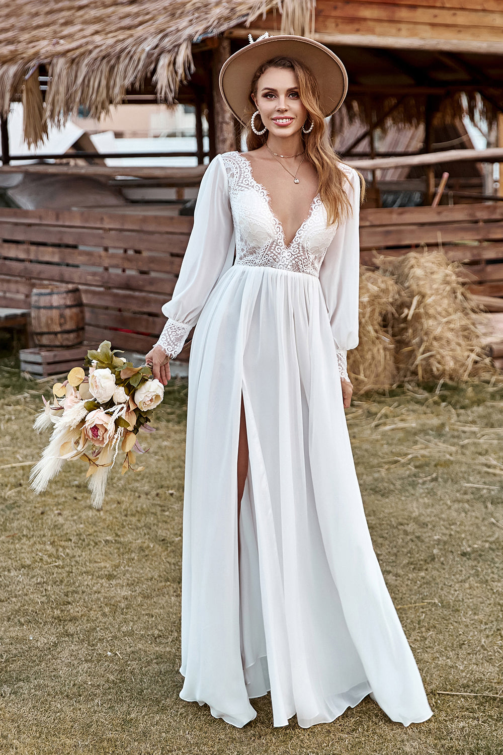 Slender Boho Beach Bridal Chiffon Mermaid Slip Wedding Dress