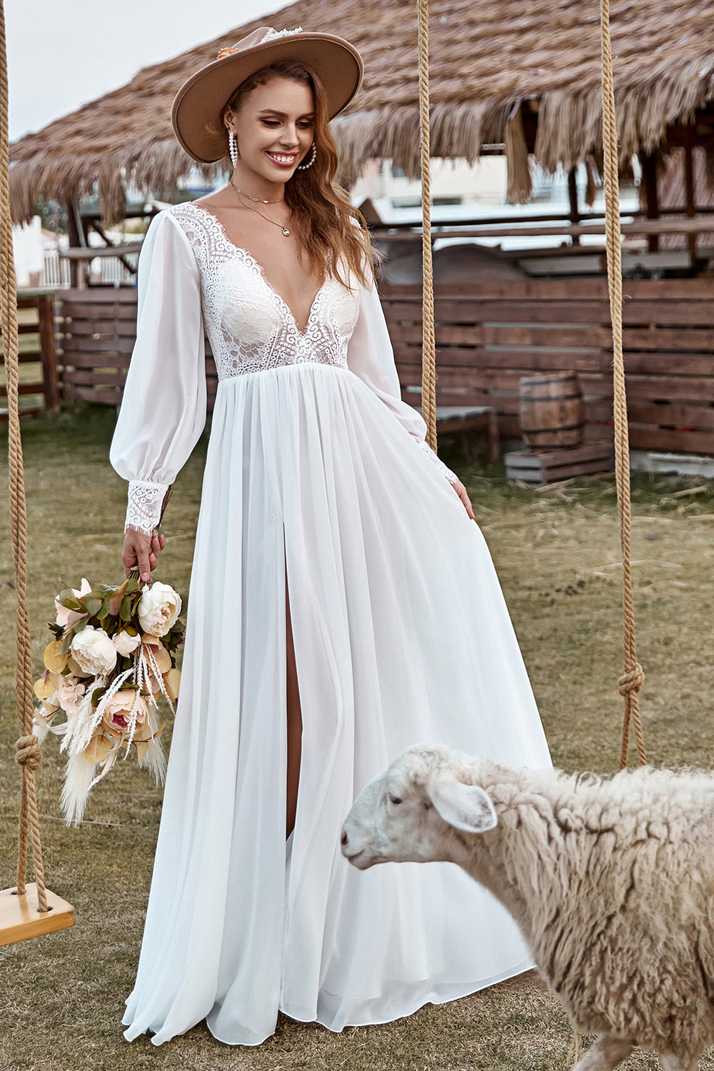 Zapaka Women Boho Wedding Dress Ivory Lace Chiffon V-Neck Long Sleeve  Bridal Dress – ZAPAKA