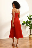Red Chiffon Mid-Calf Bridesmaid Dress with Slit