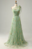 A-Line One Shoulder Green Long Prom Dress With Embroidery