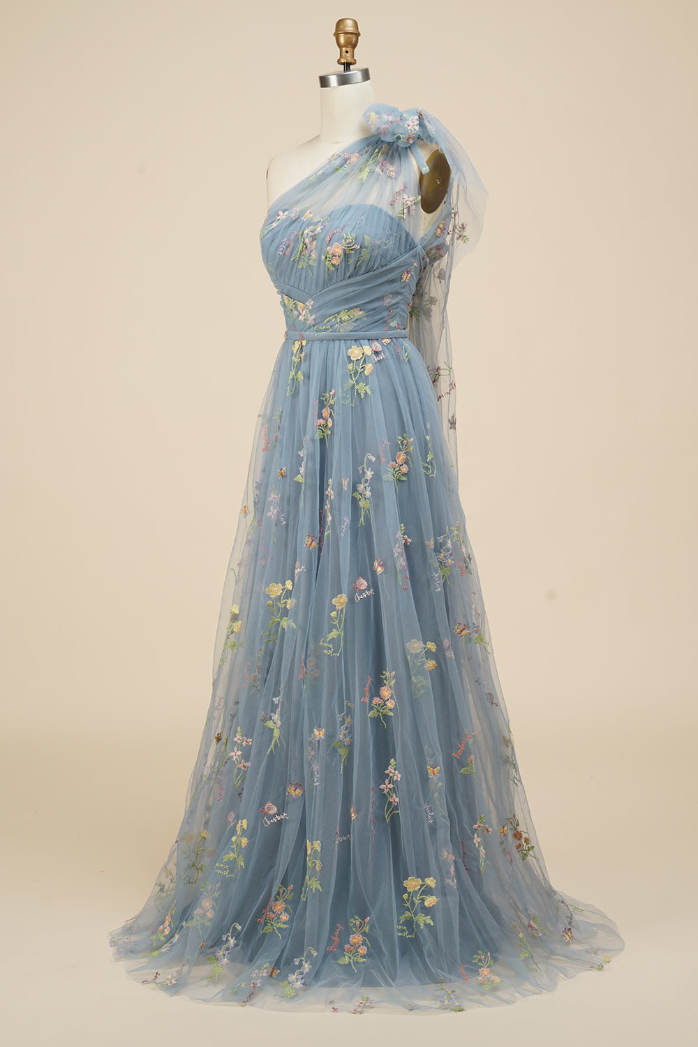 A-Line Grey Blue Long Prom Dress With Embroidery