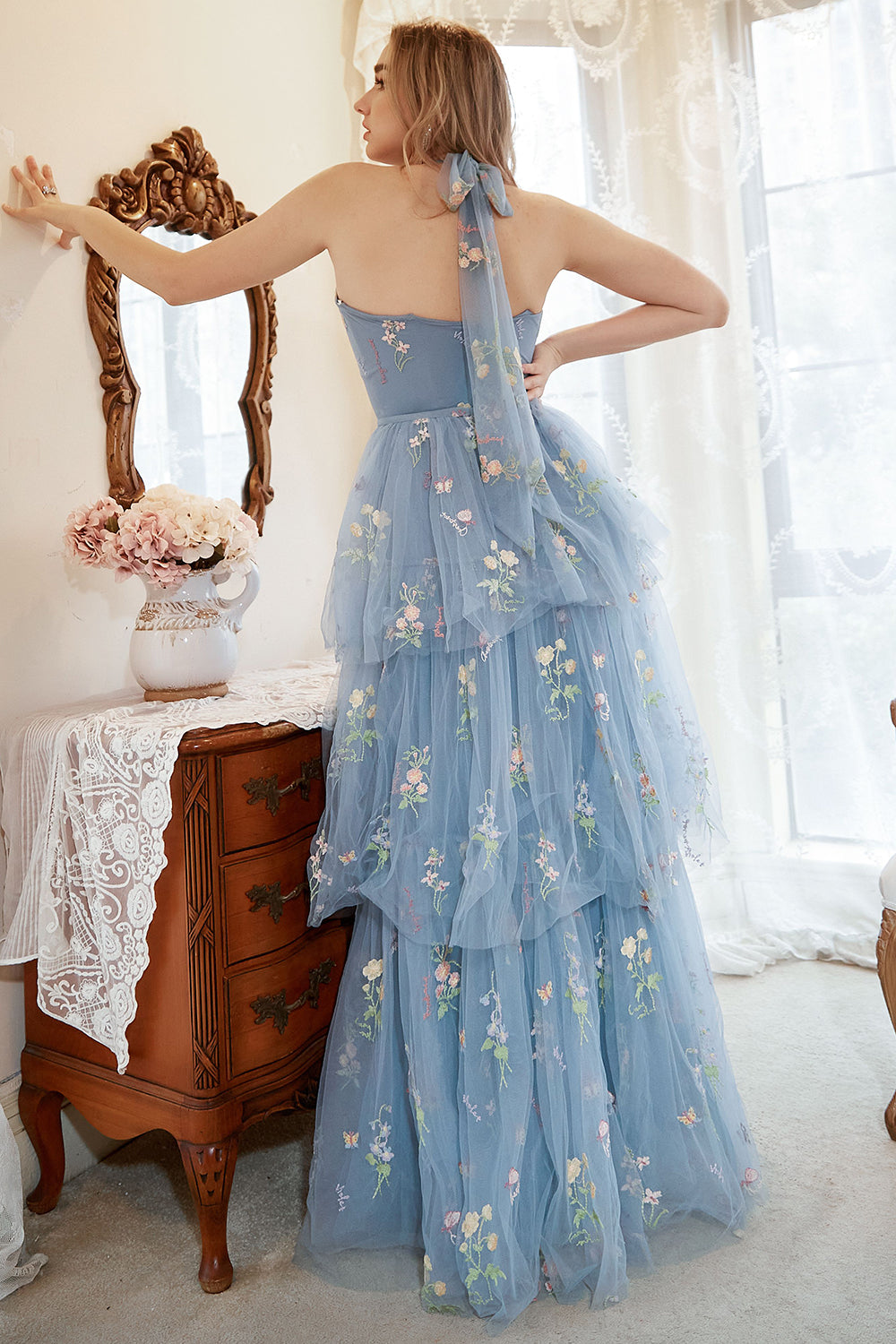 Zapaka Women Grey Blue Plus Size Prom Dress A Line Halter Formal Dress with  Embroidery – ZAPAKA