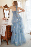 A Line Halter Grey Blue Plus Size Prom Dress with Embroidery