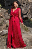 A Line V Neck Dark Red Plus Size Prom Dress with Split Front