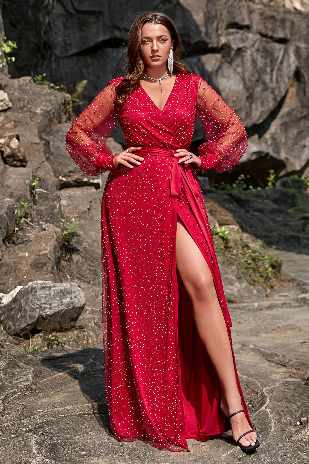 A Line V Neck Dark Red Plus Size Prom Dress with Split Front