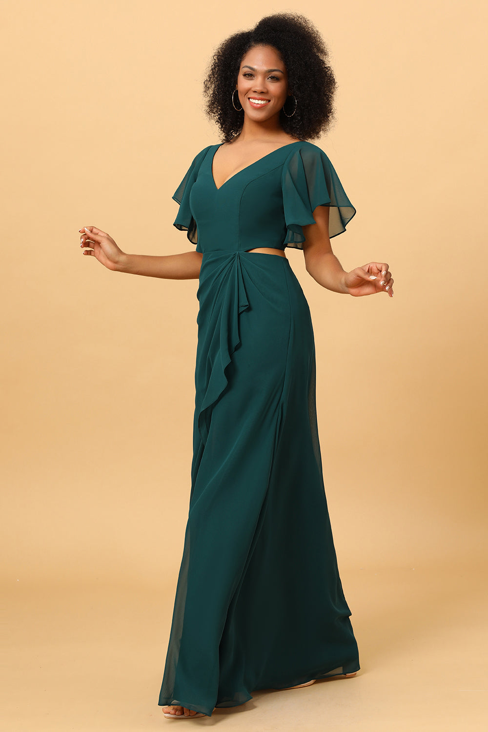 Hollow-out Chiffon Green Bridesmaid Dress with Ruffles Sleeves