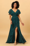 Hollow-out Chiffon Green Bridesmaid Dress with Ruffles Sleeves