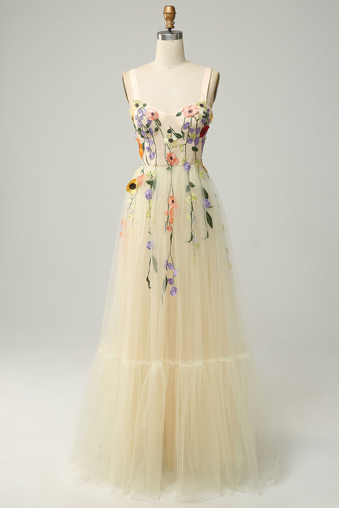 Champagne Appliques Spaghetti Straps Mesh Tulle Long Prom Dress main image 1