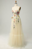 A Line Spaghetti Straps Champagne Long Prom Dress with Appliques