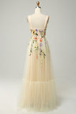 A Line Spaghetti Straps Champagne Long Prom Dress with Appliques