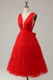 Red A Line Deep V Neck Midi Prom Dress with Open Back