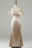 Ankle-Length Off The Shoulder Champagne Long Bridesmaid Dress with Ruffles