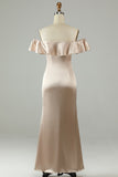 Ankle-Length Off The Shoulder Champagne Long Bridesmaid Dress with Ruffles
