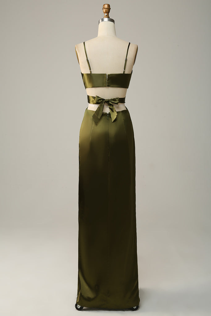 Olive A-Line Spaghetti Straps Ruched Long Satin Bridesmaid Dress