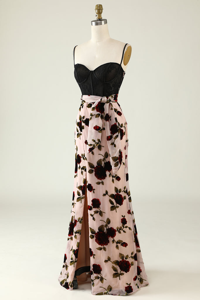 Green A Line Spaghetti Straps Floral Wedding Guest Dress with Slit
