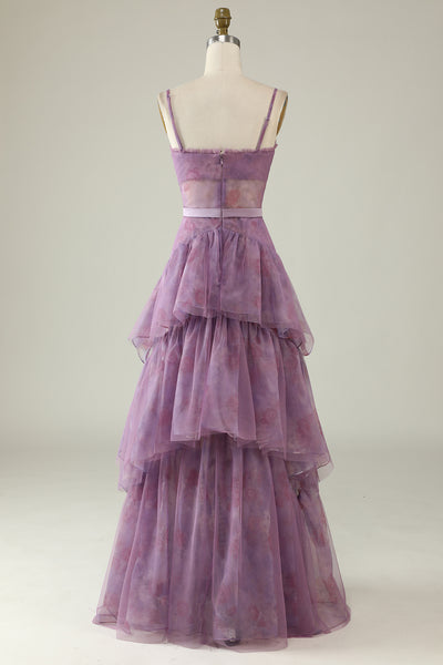 ZAPAKA Women Corset Prom Dress Purple Printed A Line Spaghetti Straps ...