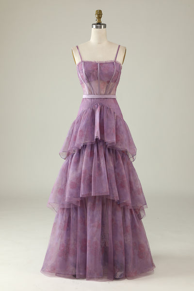 ZAPAKA Women Corset Prom Dress Purple Printed A Line Spaghetti Straps ...