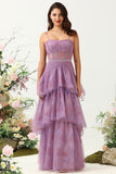 Purple Tulle Spaghetti Straps Corset Bridesmaid Dress