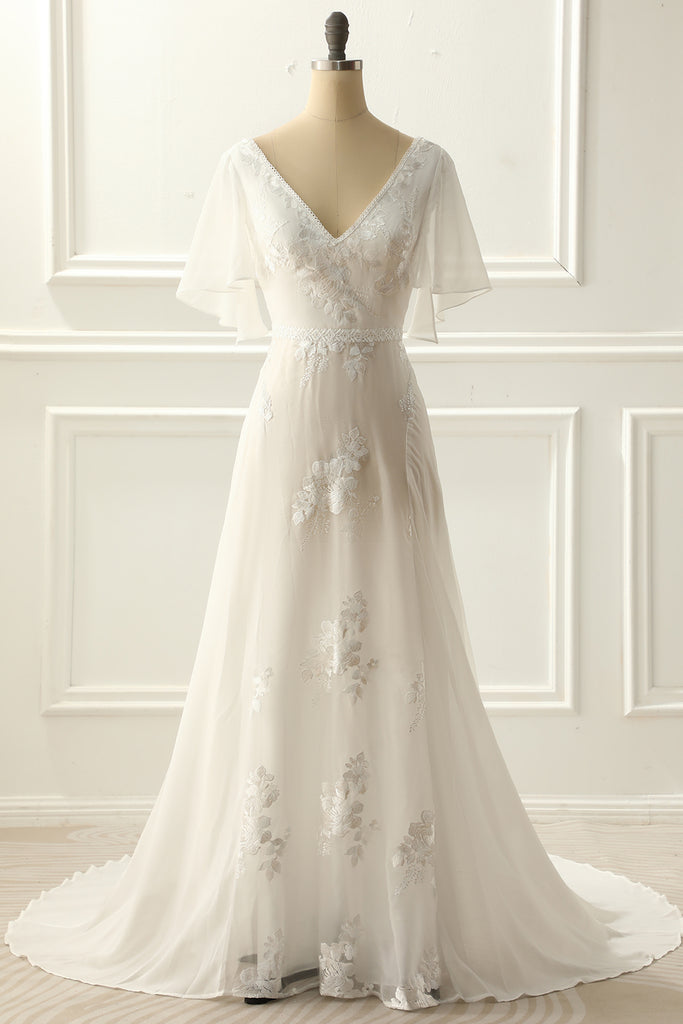 Long Chiffon Dress with V Neck and Bow Straps Ivory Plus Size