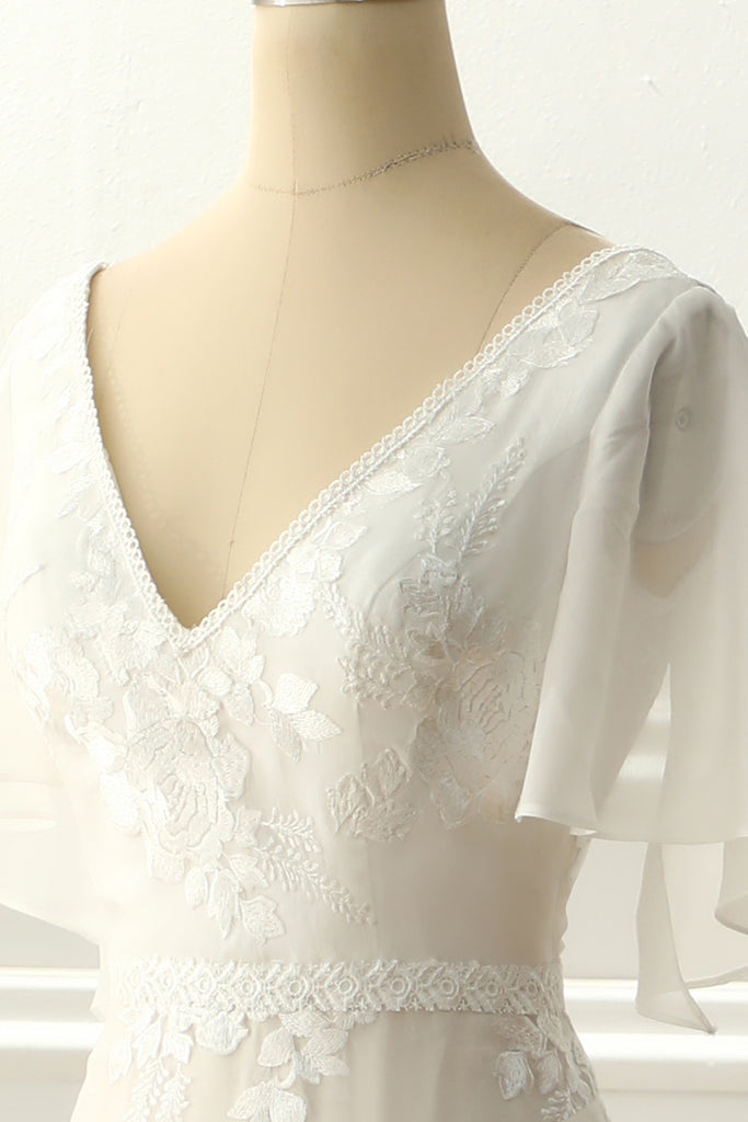 A Line V Neck Blue Ivory Long Sleeves Appliques Chiffon Prom Dress LBQ3168 main image 1