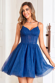 Navy Corset A-Line Tulle Short Homecoming Dress
