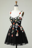 Spaghetti Straps Black A Line Sequin Flowers Homecoming Dress
