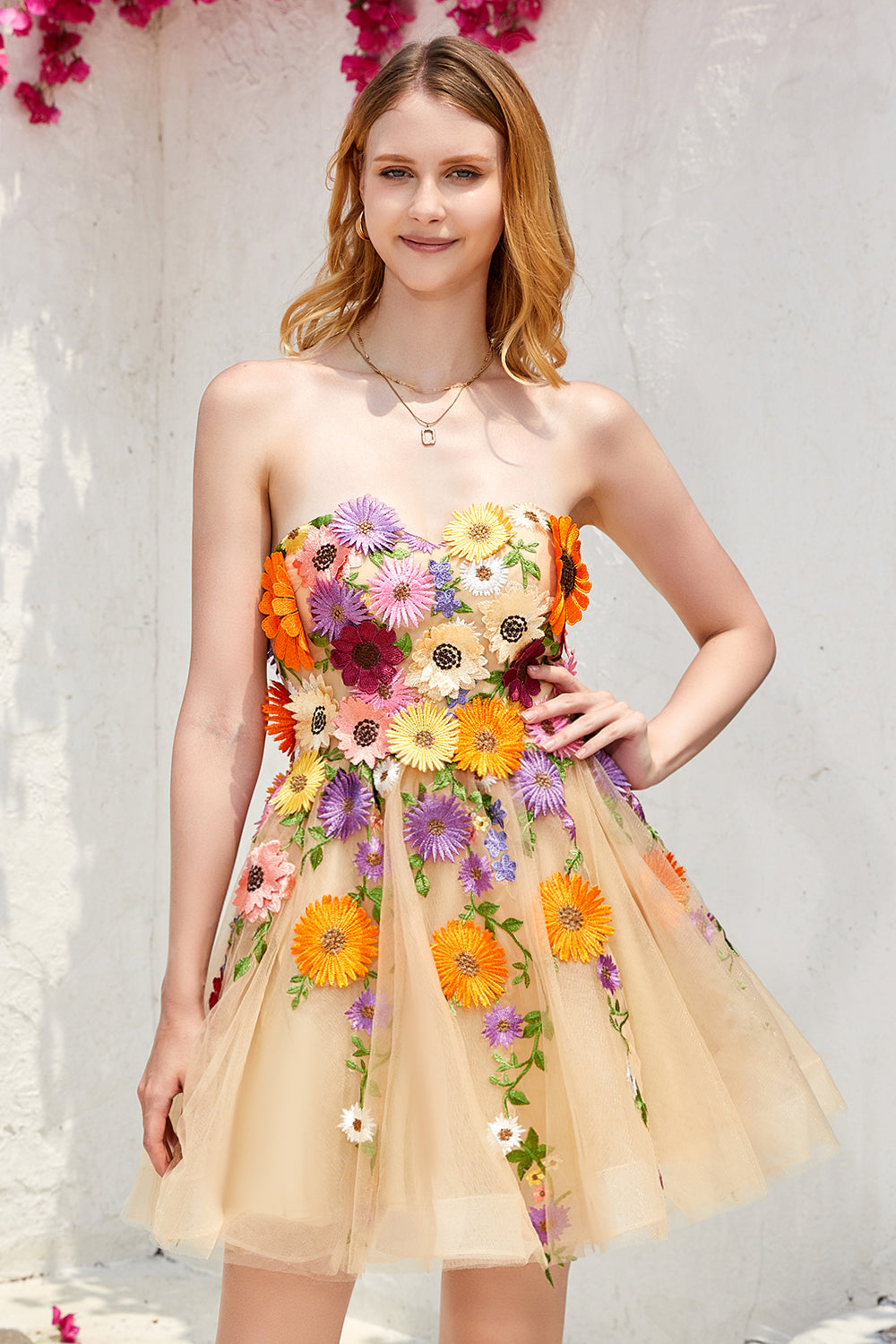 Champagne Strapless Homecoming Dress with 3D Flowers