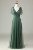 Tulle A-Line Beaded Eucalyptus Bridesmaid Dress with Sequins