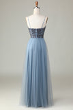 Beaded Spaghetti Straps Dusty Blue Bridesmaid Dress