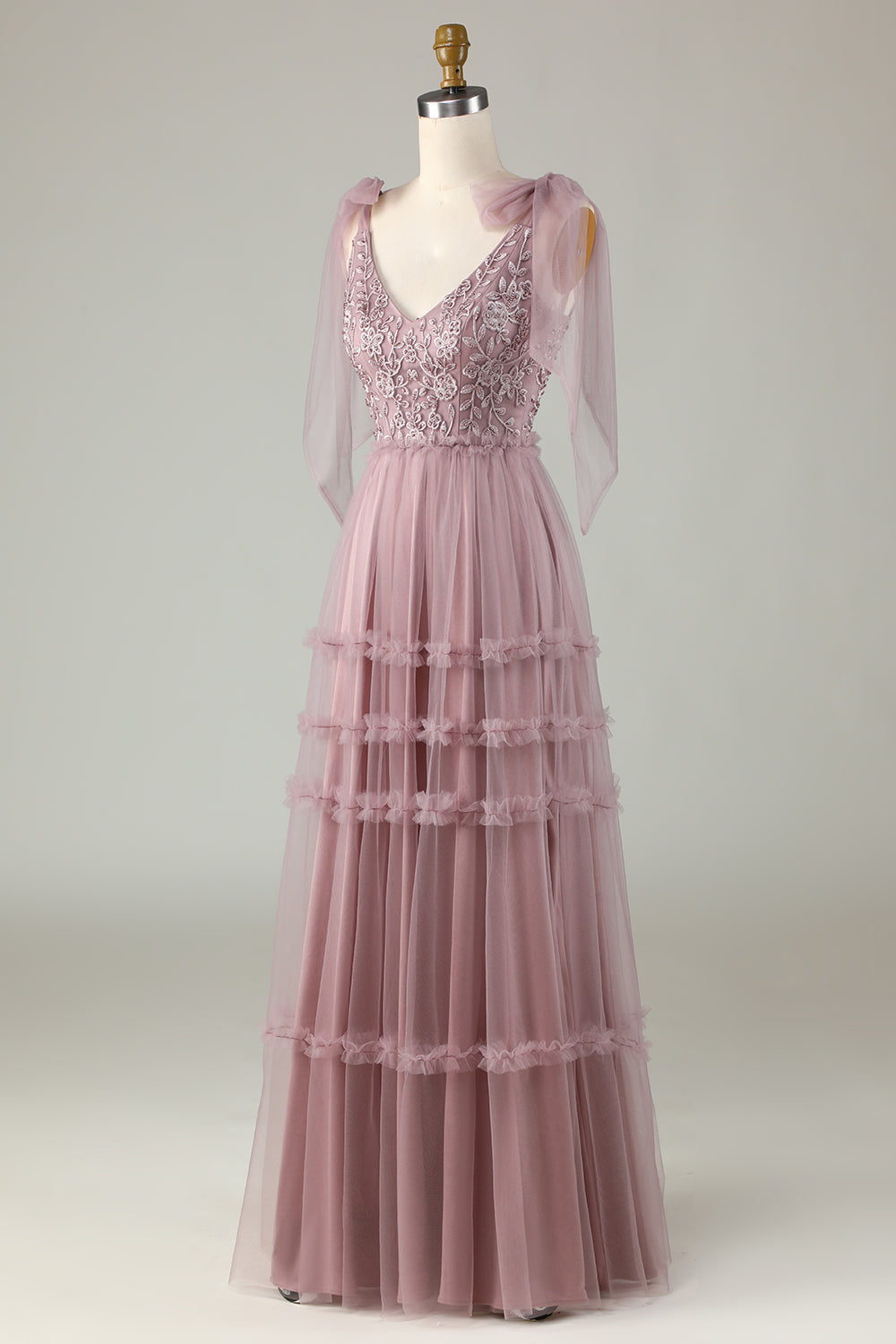 Tulle V-Neck Dusty Pink Bridesmaid Dress with Beading