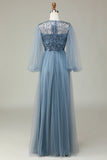 A Line Grey Blue Sequin Long Sleeves Bridesmaid Dress