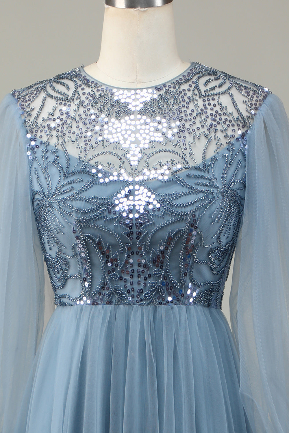 A Line Grey Blue Sequin Long Sleeves Bridesmaid Dress