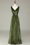 V-Neck Sleeveless Olive Velvet Bridesmaid Dress