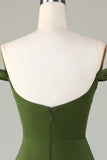 A-Line Off The Shoulder Olive Bridesmaid Dress with Slit