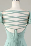 Lace-Up Back Matcha Bridesmaid Dress with Ruffles