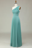 A-Line One Shoulder Sea Glass Long Bridesmaid Dress