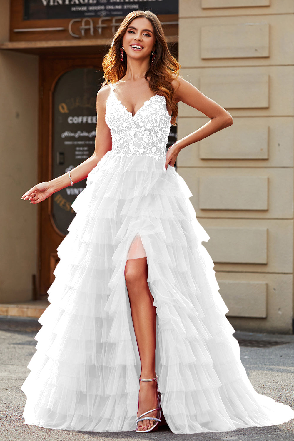 Zapaka Women White Tiered Wedding Dress with Slit A-Line Spaghetti Straps Bridal Dress, White / US22W Zapaka Women White Tiered Wedding Dress with Slit A-Line Spaghetti Straps Bridal Dress, White / US22W