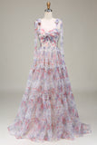 A-Line Spaghetti Straps Lilac Flower Printed Prom Dress