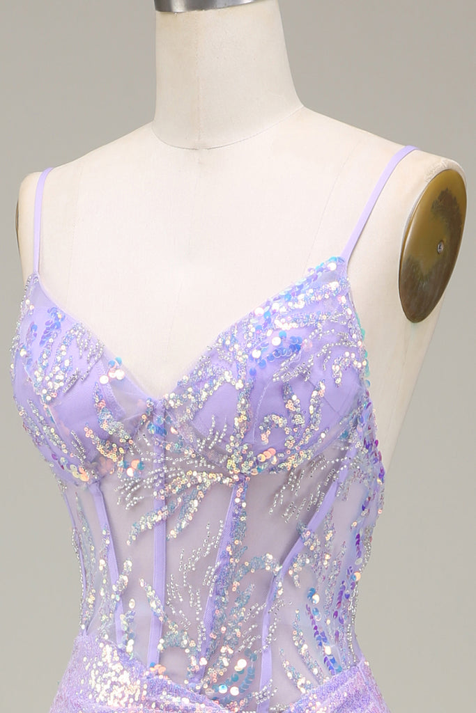 Light Purple Mermaid Strapless Corset Sequin Prom Dress With Slit