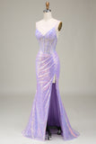 Sparkly Mermaid LighT Purple Corset Prom Dress with Slit