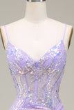 Sparkly Mermaid LighT Purple Corset Prom Dress with Slit