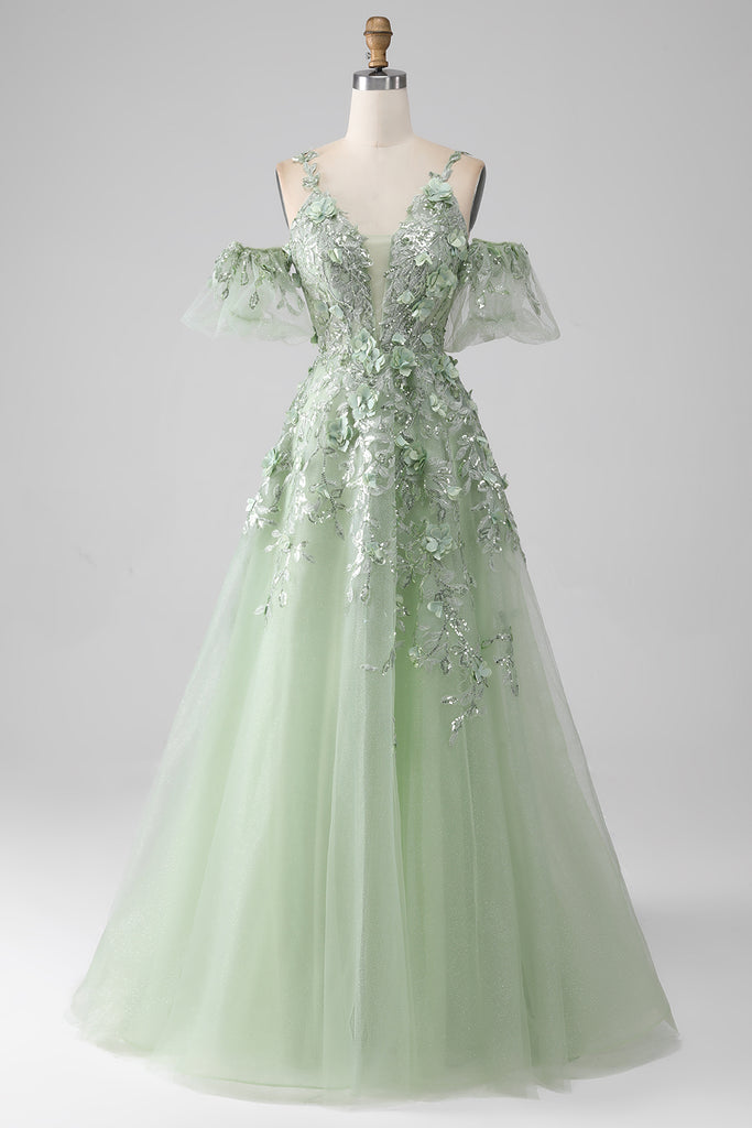 Dusty Sage Long Prom Dresses With Detachable Short Sleeves main image 0