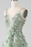 Sage A-Line Detachable Sleeves Long Corset Prom Dress with Flowers