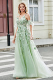 Green Removable Sleeves Tulle Prom Dress with Appliques
