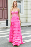 Gorgeous A Line Sweetheart Corset Hot Pink Prom Dress with Appliques Ruffles