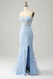 Light Blue Mermaid Sweetheart Corset Appliques Prom Dress With Side Slit