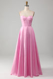A-Line Spaghetti Straps Pink Corset Prom Dress