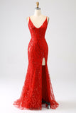 Glitter Red Mermaid Long Sequins Prom Dress with Slit