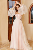 Pink Polka Dots Wedding Dress with Puff Sleeves